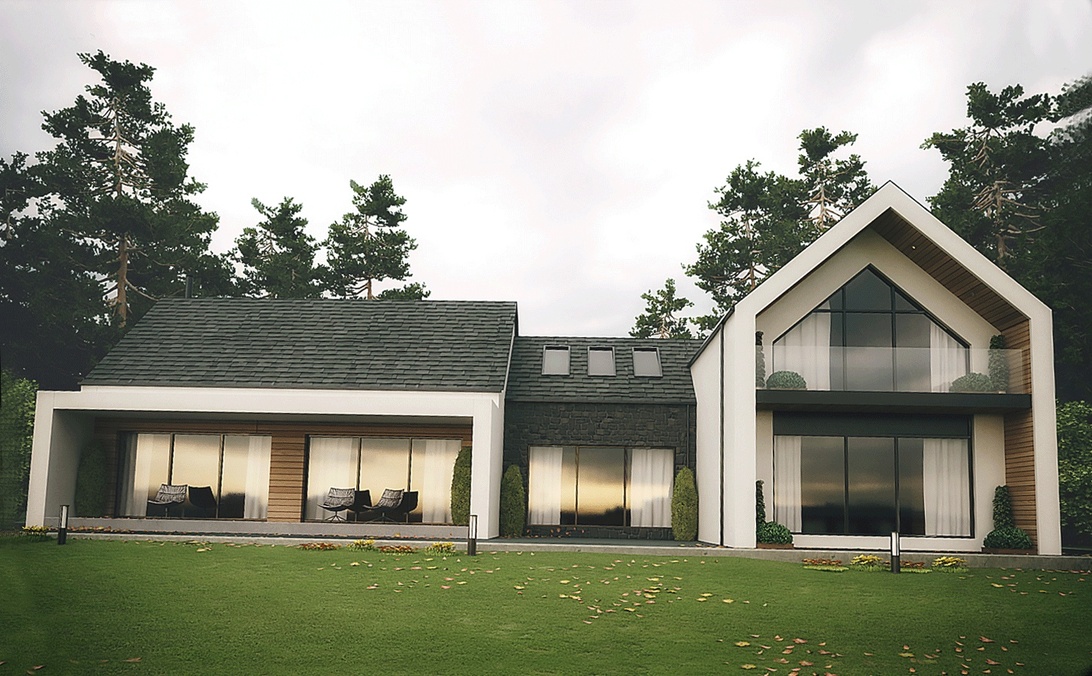 Maison résidentielle contemporaine avec bardage en bois et grandes fenêtres.